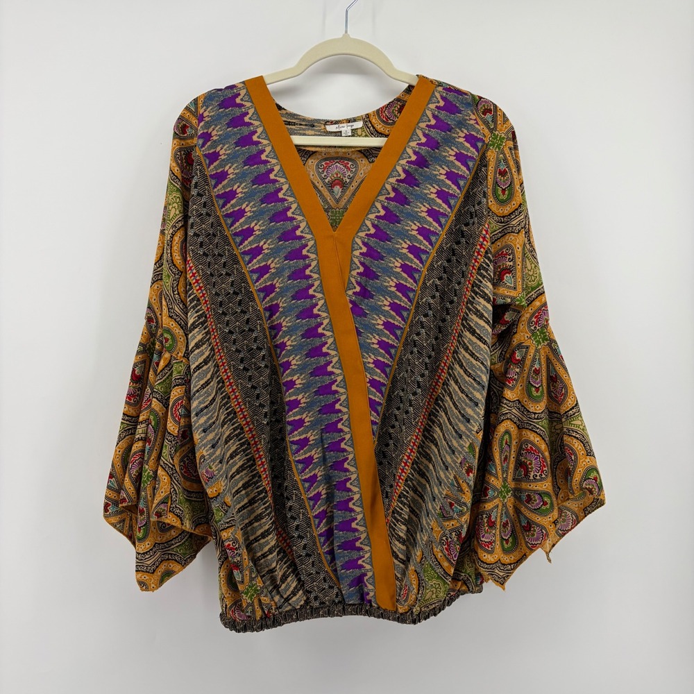 Mirror Image Womens Small‎ Multicolor Paisley Surplice Bell Sleeve Boho Blouse